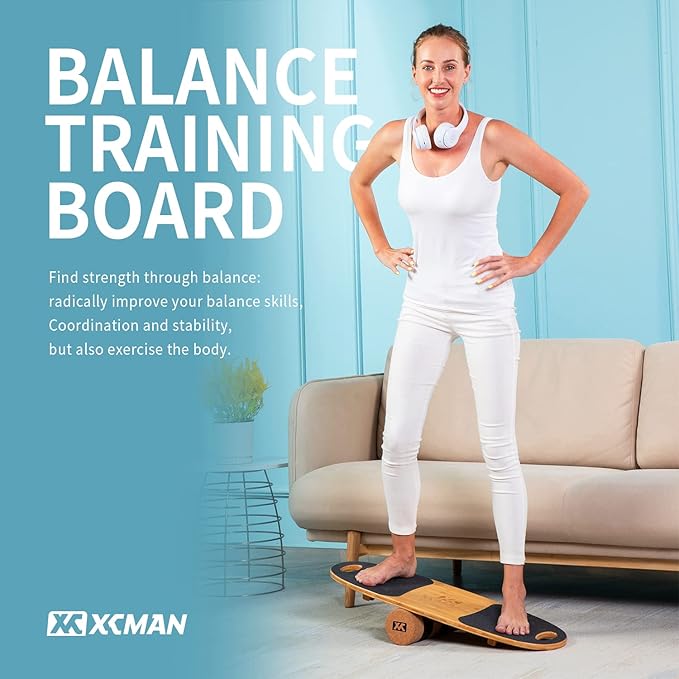 XCMAN Balance Board Surf Trainer with Adjustable Stoppers - 3 Different Distance Options Bamboo Balance Board for Surfing, Snowboarding, Skiing, Skateboarding, Yoga Training