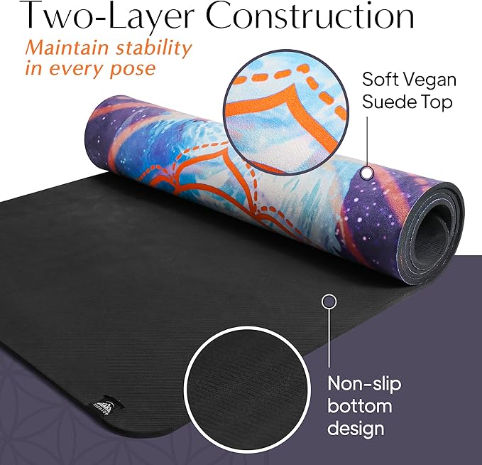 𝑯𝑰𝑮𝑯𝑻𝑶𝑷 Vegan Suede Yoga Mat – Sacral Chakra/Water Flow Design, Extra Thick 1/4” (6mm), Sweat-Grip Surface – Perfect for Yoga, Hot Yoga, Pilates & Sweaty Workouts - Free Strap Included