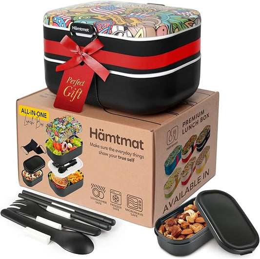 Insulated Stackable Bento Box for Adults with Reusable Chopsticks Japanese Lunch Box Microwavable & Leak Proof Lunch Containers for Men & Women Modern Cute Food Container with Compartments (Black)