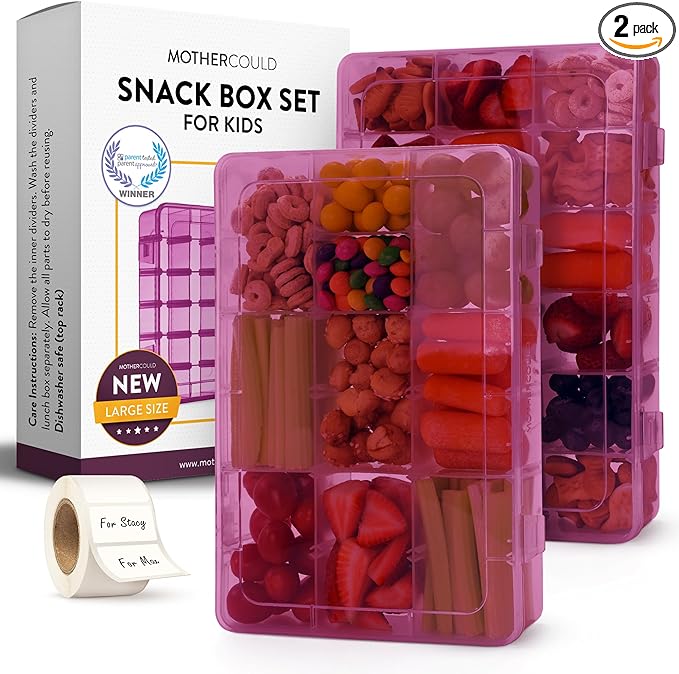 Large Kids Snack Box Containers Set of 2 -100 Labels, BPA-Free, Adjustable Compartments, Dishwasher Safe, Reusable Tray, Food Grade, Meal Prep Container, PARENT TESTED PARENT APPROVED AWARD (Purple)