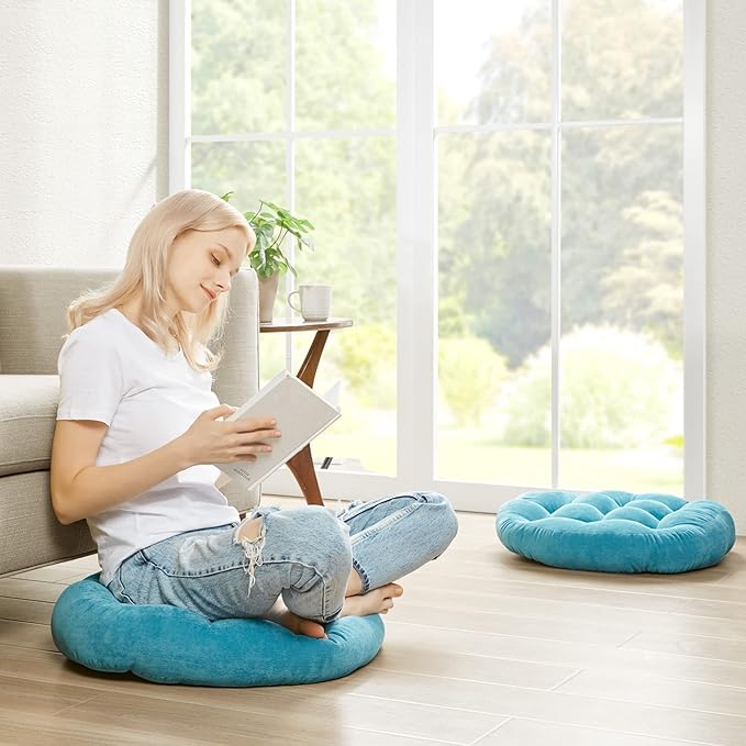 Degrees of Comfort Meditation Floor Pillow, Round Large Pillows Seating for Adults, Tufted Corduroy Thick Cushion for Living Room Tatami, Turquoise, 22 Inch Single