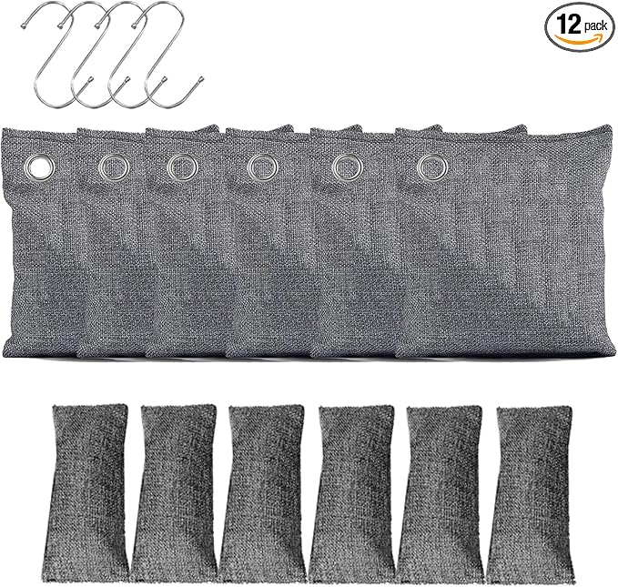 Activated Charcoal Odor Nature Fresh Bamboo bags, Activated Charcoal Bags Odor Absorber, Purifier Bag for Closet, Shoe, Car, Closet Deodorizer Room Pet safe Bag (6Packs x 50g+6Packsx150g)