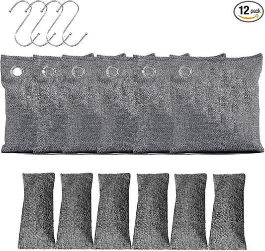 Activated Charcoal Odor Nature Fresh Bamboo bags, Activated Charcoal Bags Odor Absorber, Purifier Bag for Closet, Shoe, Car, Closet Deodorizer Room Pet safe Bag (6Packs x 50g+6Packsx150g)