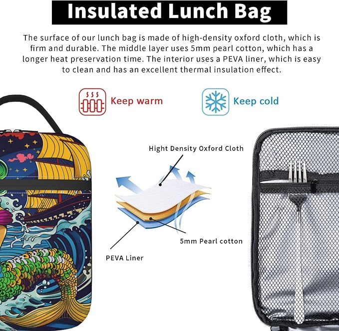 Insulated Lunch Box for Women Men, Mermaid Theme Lunch Box Reusable Portable Lunch Bag Cooler Tote Waterproof Lunch Container for Office Picnic Work Travel