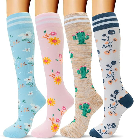 fenglaoda Compression Socks Women Men 4 Pairs, Knee High Support Socks for Running, Sports, Travel, Flight, Nurse