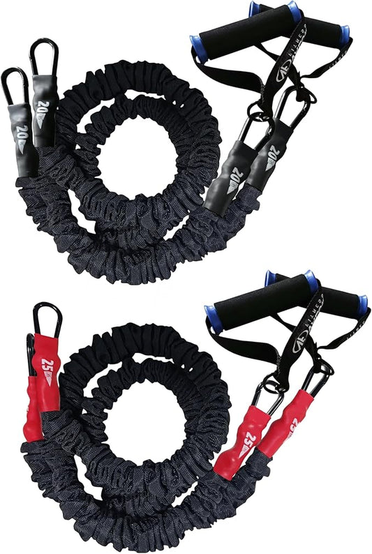 Valor Fitness Resistance Bands - 5lb to 25lbs - Carabiners Attached & 2 Bands per Weight Option with Handles– Sheath Covered - Strength Training New Compact 39" Design - Wall Door Rack Mount Options