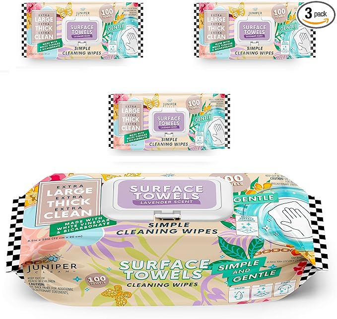 3 Packs Surface Cleaning Wipes Bleach Free, Thick & Large Dispose, All-Purpose Cleaner for Bathroom, Kitchen, Office, 300 Count Soft Flow, Biodegradable, Lavender Scent