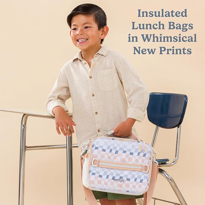 Bentgo Kids Lunch Bag (Whimsy & Wonder Collection) - Durable, Double-Insulated Lunch Bag for Kids 3+; Holds Lunch Box/Water Bottle/Snacks; Water-Resistant Fabric & Zip Pockets (Checker Gradient)