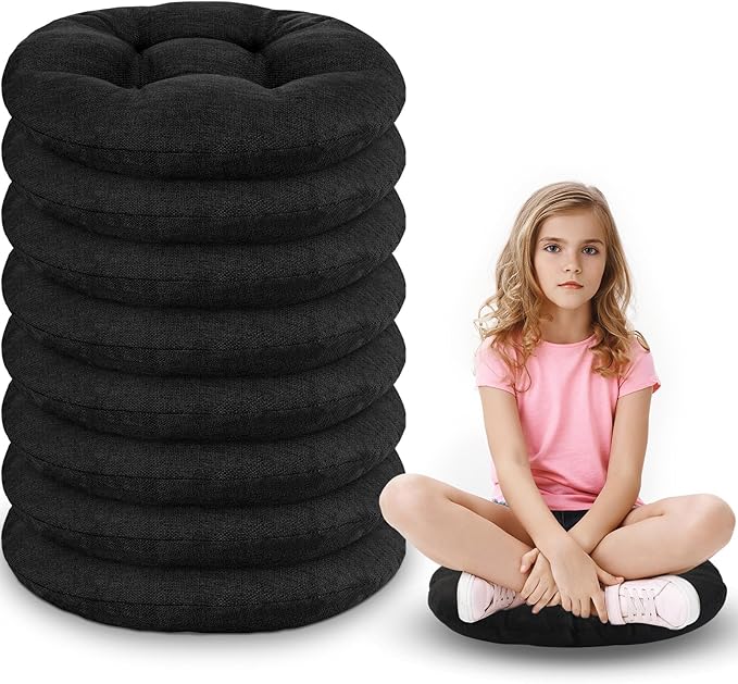 Fumete 8 Pcs 16 Inch Round Floor Cushions for Kids and Toddlers, Flexible Seating Classroom Furniture Floor Pillow for Home, Daycare, Preschool, Yoga and Meditation (Black)