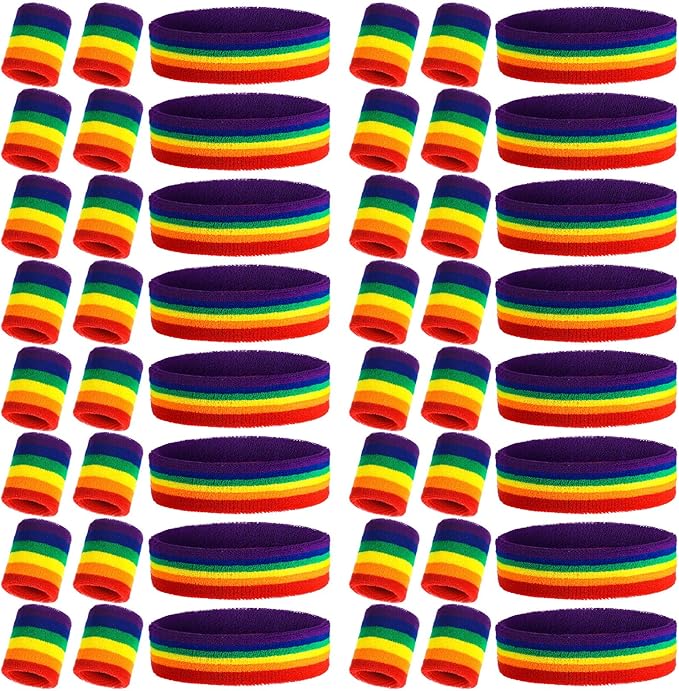48 Pcs Football Sweatbands Bulk for Men Women Striped Sweatband Set, Include 16 Headband and 32 Wristbands Sports Neon Accessories for 80's Costume Party Athletic Gym