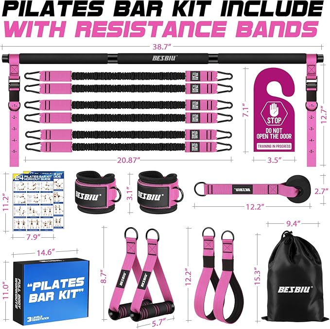 Pilates Bar Kit with Resistance Bands for Working Out, 210lbs Heavy Resistance Bands with Handles, Pilates Equipment with Resistance Band Bar for Men Women, at Home Gym Full Body Workout Equipment