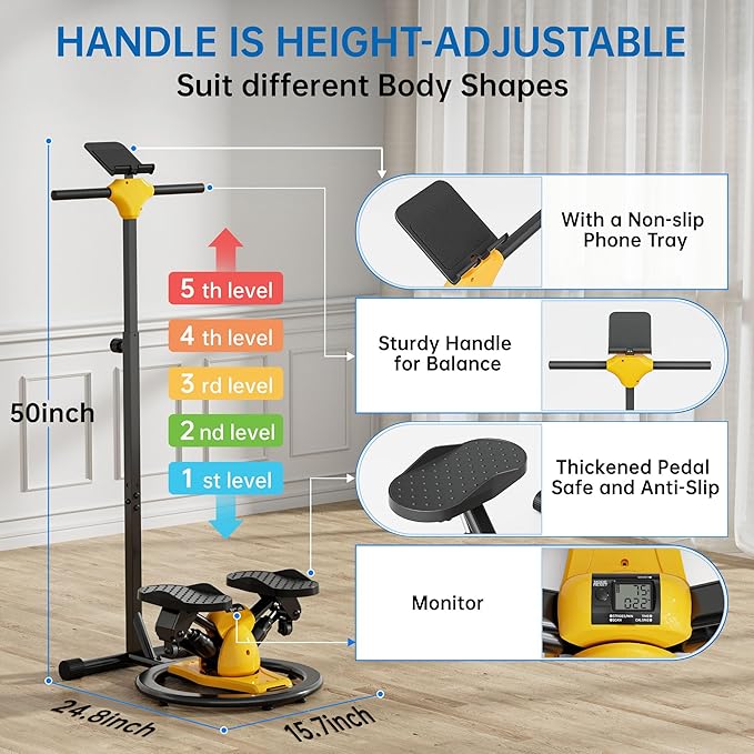 2-in-1 Twist Stepper with Adjustable Handlebar | Added 360° Twisting Function, Quiet Steppers for Exercise at Home, Stepper Machine with 300 LBS Capacity for Full Body Workout, with LCD Monitor