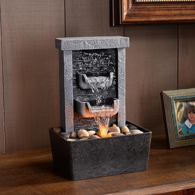 GOSSI Home Décor 10.3 in Indoor Waterfall Fountain Relaxation High Pressure Water Pumps Tabletop Fountain Nature Feeling Water Fountains with Reflective Lighting/River Rocks Home/Office Decoration