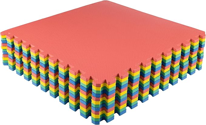 EVA Foam Mat Tiles 12-Pack - 48 SQ FT Interlocking Padding for Playroom or Gym Flooring - Workout Mat or Baby Playmat by Stalwart (Multicolor)