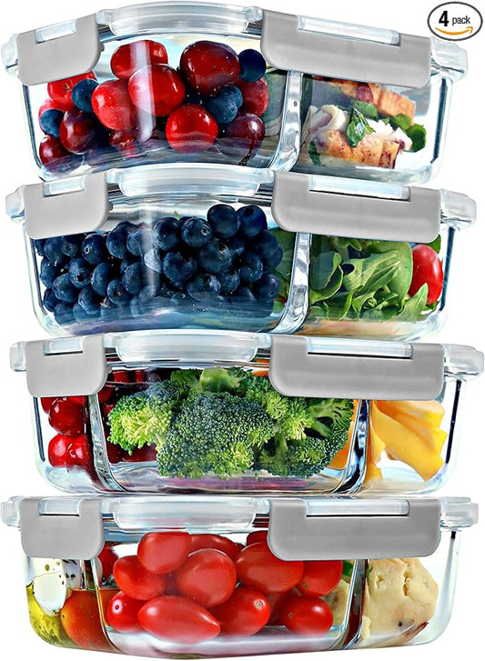 FIT Strong & Healthy 2 and 3 Compartment Glass Meal Prep Containers – Glass Bento Box for Adults, Portion Control, Food Storage, Lunch Container, Oven & Freezer Safe, Leak-Proof, 32 oz, Gray, 4 Pack