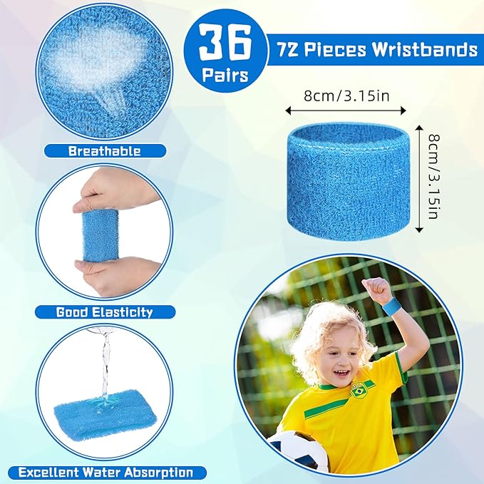 Leyndo 72 Pcs Wrist Sweatbands Bulk for Kids Field Day Cotton Terry Sweat Bands Sports Fan Wristbands Kids for Summer Camp Student Football Team Competition Party