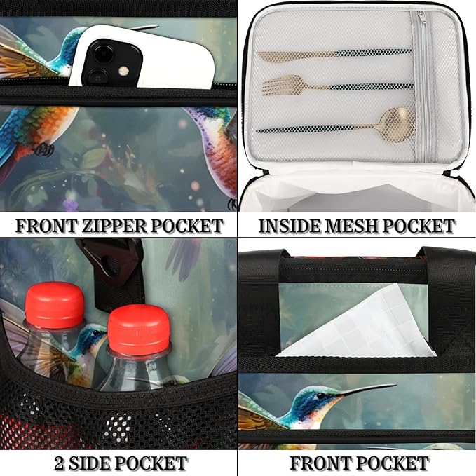 Insulated Cooler Lunch Bag,Animal Hummingbird Flower Reusable Lunch Box for Office Picnic Work School,Leakproof Large Cooler Tote Bags for Adult Men Women
