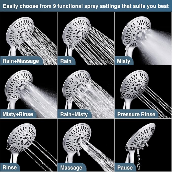 BRIGHT SHOWERS 9 Spray Settings Shower Head with Handheld High Pressure Hand Held Showerhead with 60 Inch Stainless Steel Hose and Adjustable Overhead Bracket, Chrome