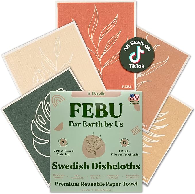 FEBU Swedish Dishcloths for Kitchen | 5 Pack Floral Reusable Paper Towels Washable | Swedish Dish Towels | Non-Scratch Cellulose Sponge Cloths | No Odor, Biodegradable Cleaning Cloths