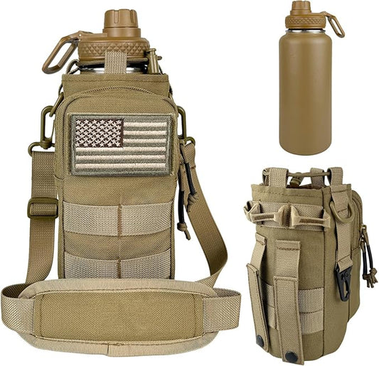 32 oz Insulated Water Bottle with Sleeve - Tactical Stainless Steel Metal Water Jug, Wide Mouth Gym Water Bottles for Men Sports Workout Hiking with Pouch Khaki