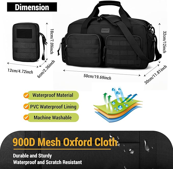 Duffle Bag for Men Women, Gym Bags & Tactical Duffle Bag with Shoe Compartment, Weekender Overnight Bag for Travel Workout, Black
