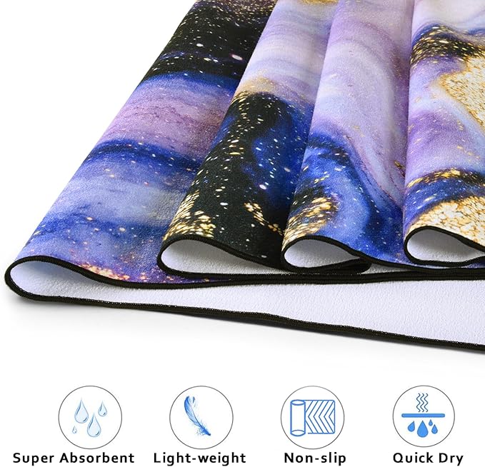 QiyI Yoga Mat Towel with Corner Pockets, Non Slip Sweat Absorbent Hot Yoga Towels, Soft Yoga Blankets with Travel Bag, Skidless Mat Cover for Workout, Gym, Fitness - 70"x26", Purple & Pink Grain