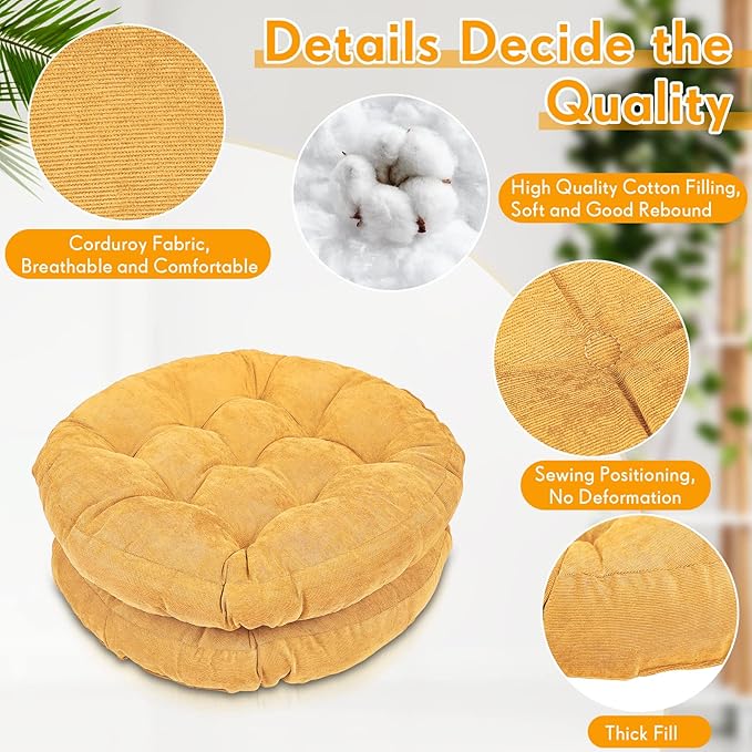 Jerify Floor Pillow Cushions 22 x 22 Inch Round Square Large Meditation Floor Pillow for Classroom Adult Meditation Picnic Party Cushion for Seating Gift Christmas(Round,Yellow,4 Pcs)