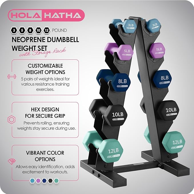HolaHatha 2, 3, 5, 8, and 10 Pound Neoprene Dumbbell Free Hand Weight Set with Rack, Ideal for Home Exercises to Gain Tone and Definition, Pastel