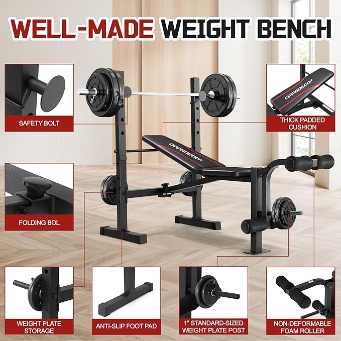 OPPSDECOR Multi-Function Weight Bench Set with Squat Rack Leg Extension & Leg Curl Adjustable Workout Bench for Full Body Fitness Foldable Flat/Incline/Decline Upgrade Bench Press for Home Gym