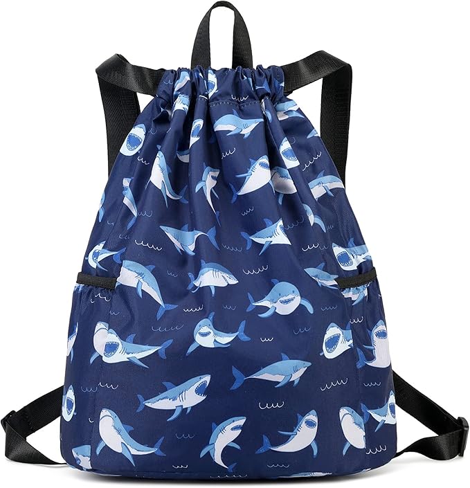 Children Boy Girl Ocean Shark Print Drawstring Backpack Outdoor Casaul Portable Shoulder Bag Swim Gymsack Sack Pack Dark Blue