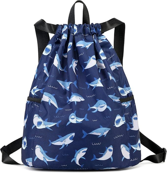 Children Boy Girl Ocean Shark Print Drawstring Backpack Outdoor Casaul Portable Shoulder Bag Swim Gymsack Sack Pack Dark Blue