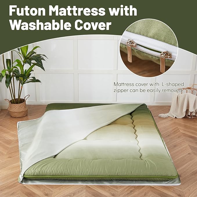 Japanese Floor Mattress, Futon Mattress with Portable Storage Bag and Washable Cover, Roll Up Thick Tatami Mat Suitable for Camping, Guest Room (Forest Gradient, Queen)
