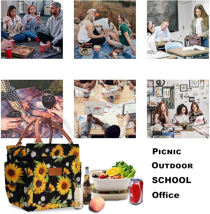 Joymee Lunch Bag Women Insulated Lunch Box Reusable Leakproof Large Spacious Cooler Tote for Womens Mens Adults with Bottle Holder and Side Pockets for Work Office Travel Picnic - Sunflower