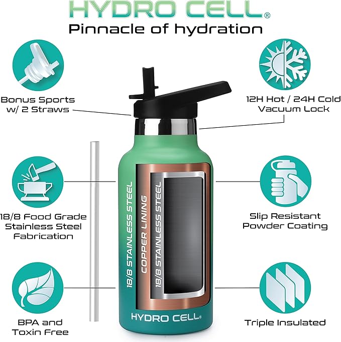 HYDRO CELL Stainless Steel Water Bottle with Straw & 2 Standard Mouth Lids (32oz 24oz 20oz 16oz) Keeps Liquids Hot or Cold w/Double Wall Vacuum Insulated Leak Proof Sport Design (Mint/Green 16oz)