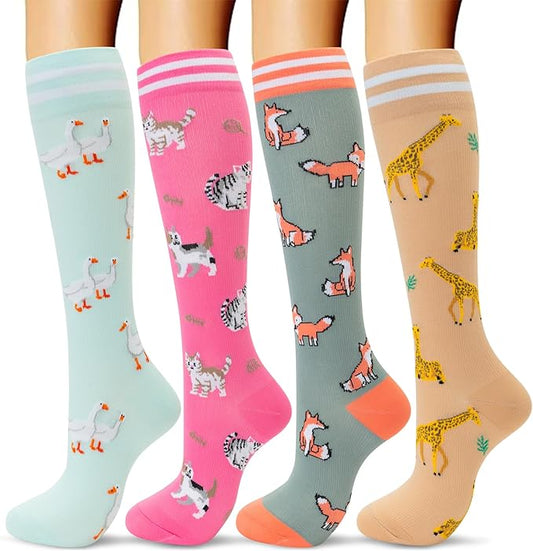 fenglaoda Compression Socks Women Men 4 Pairs, Knee High Support Socks for Running, Sports, Travel, Flight, Nurse