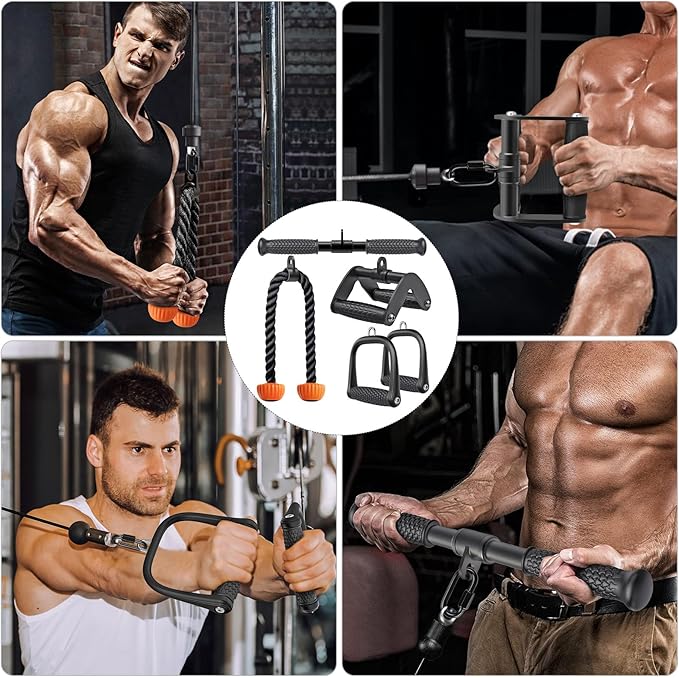 SELEWARE Triceps LAT Pulldown Attachments Home Gym Workout Accessories with Non-Slip Soft Rubber Grip Cable Machine Attachments Triceps Rope Double D Row Handle Pull Down Bar Straight Bar Exercise