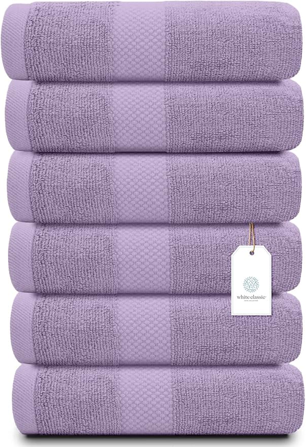 White Classic Luxury Hand Towels for Bathroom-Hotel-Spa-Kitchen-Set - Circlet Egyptian Cotton - 16x30 Inches - Set of 6 (Lavender)