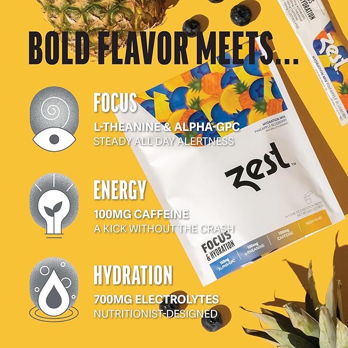 Zest Caffeine, L-Theanine, & Alpha GPC - Focus & Electrolyte Hydration Powder - Pineapple Blueberry - Mix w/Water - 14 Packets - Nootropic Brain Booster Supplement Drink - Low Sugar Liquid Enhancer