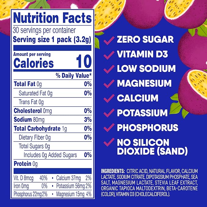 GoHydrate Instant Hydration Powder Packets - Low Sodium Electrolytes Drink Mix - Natural Hydration Support, Sugar Free Electrolyte Flavored Powder Drink with Vitamin D, 30 Packs, Passion Fruit