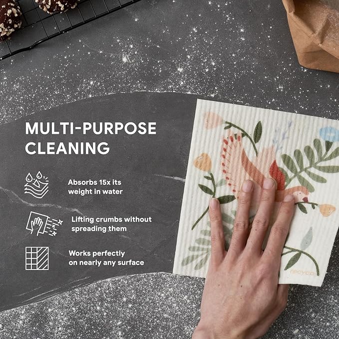 RECYCO Swedish Dishcloths for Kitchen | 6 Pack Birdsong and Blooms Washable Dish Rags | Cellulose Reusable Cleaning Paper Towels | Absorbent Counter Dish Cloth Sponge Kitchen Wipes, 8" L x 7" W