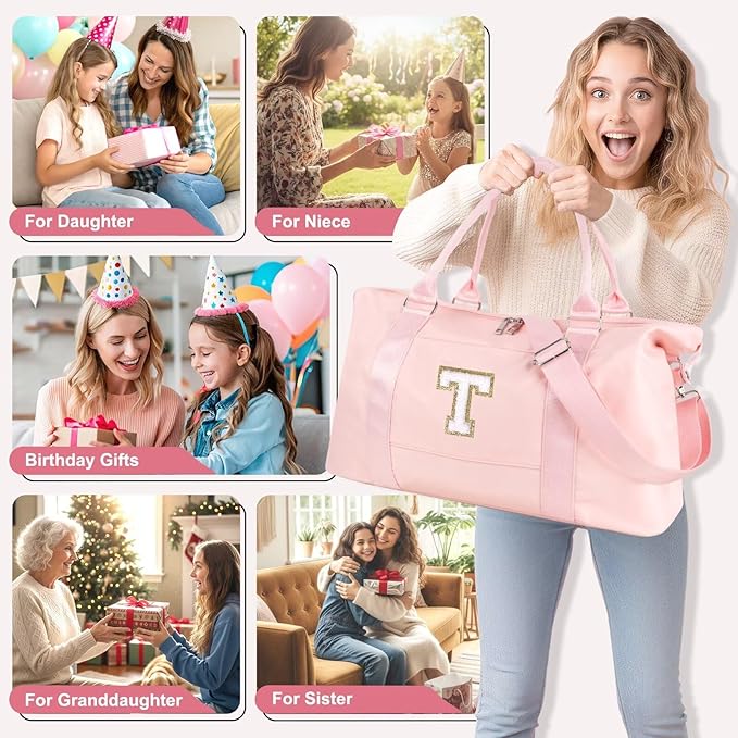 Dance Gym Duffel Bag for Teen Girls, Personalized Initial Travel Weekender Bag,Cute Overnight Carry On Duffle for Women,Sports Travel Cheer Bag,Monogram Christmas Gifts for Tween Preppy(pink-T)