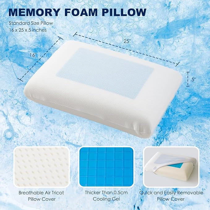 Gel Cooling Pillows for Sleeping, Cooling Memory Pillows for Side Back Stomach Hot Sleepers, Gel Layer Provides Coolness Luxury Memory Foam Pillow for Neck and Shoulder 1Pcs