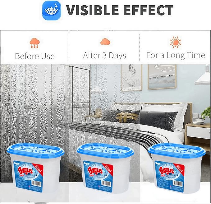 Bagus Moisture Absorbers Boxes (4 Pack) - 10.5 Oz Dehumidification Containers for Closet, Bathroom, Storage, Kitchen, Basement, Car, RV, Boat | Long-Lasting Humidity Control & Odor-Free Solution