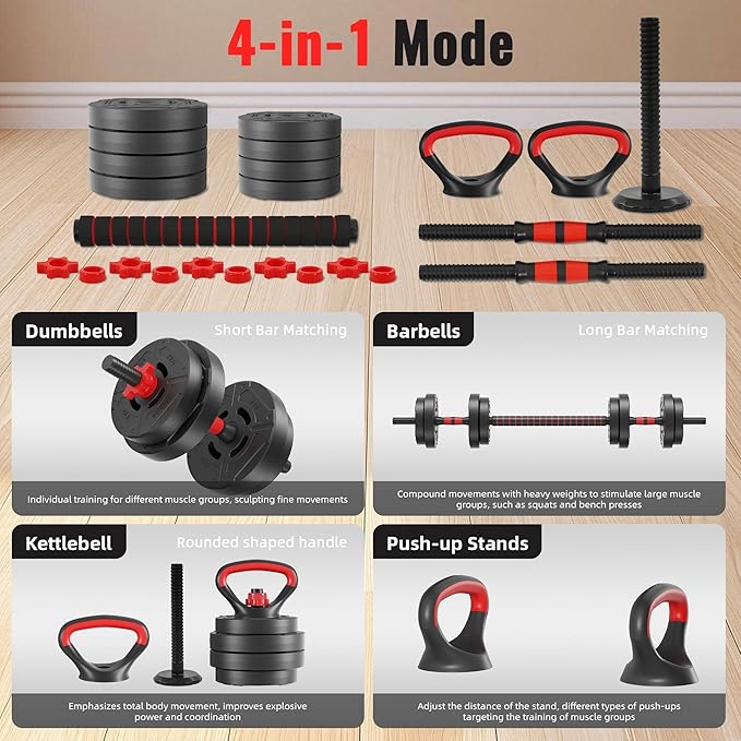 Multi-Functional Portable Changeable Dumbbell and Barbell Kettlebell Set with Adjustable Weights, 40LBS or 60LBS Sets, 2-in-1 or 4-in1, Multiple Styles