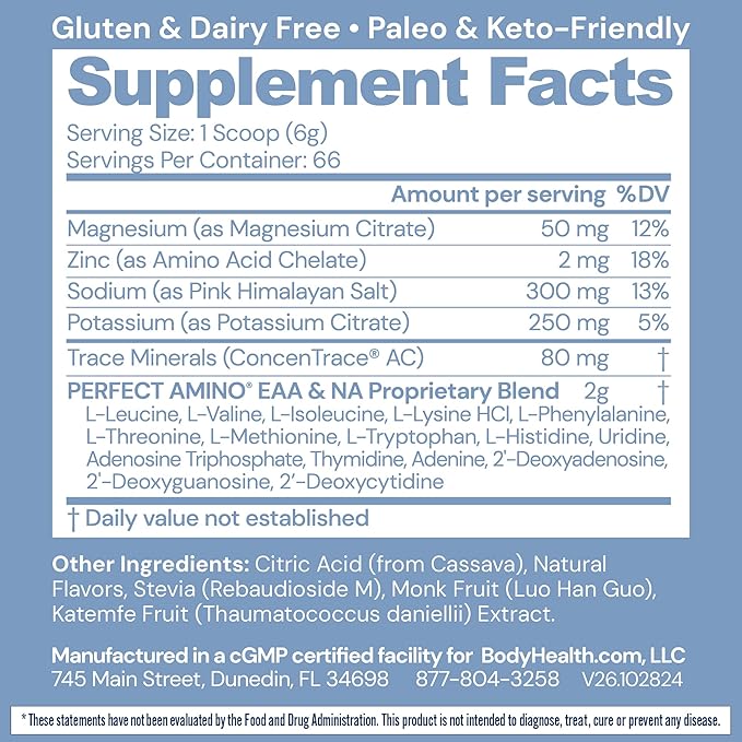 BodyHealth PerfectAmino Electrolytes Powder No Sugar, Hydration Fasting Keto Zero Sugar Electrolytes Drink Mix with Trace Minerals - NSF Certified for Sport - Lemon Lime - 66 Servings