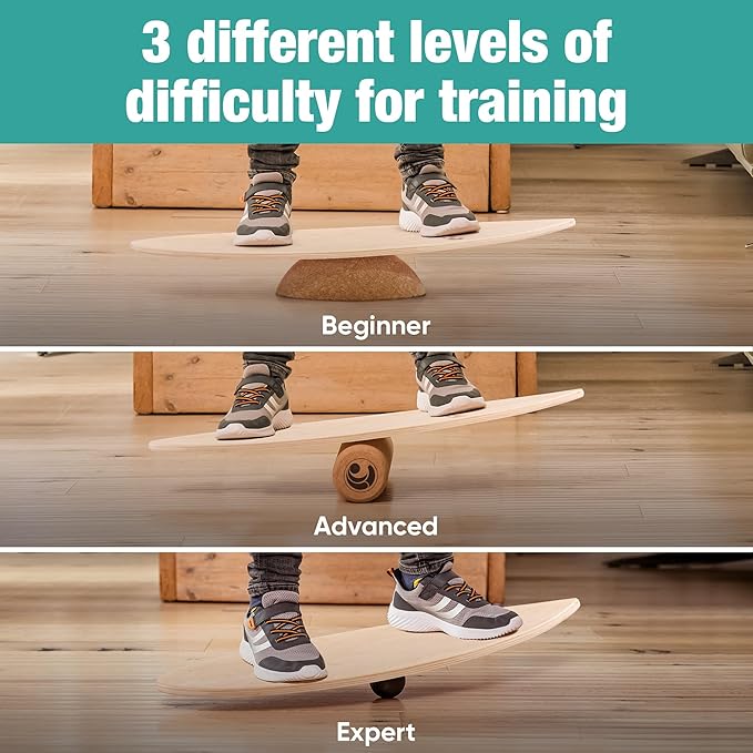 Wooden Balance Board - unique [incl. corc roller, corc hemisphere and balance ball] Balance Board Kids - Balance Boards for Adults - Indo Board Mobo Board Gibbon Board Giboard Slackboard Balancing