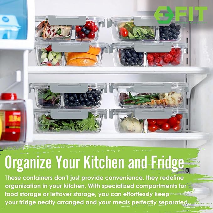 FIT Strong & Healthy Meal Prep Containers Glass, 1 & 2 & 3 Compartments – Portion Control Bento Box Adult, Glass Lunch Containers with Lids, Oven & Freezer Safe Bento Box, 35 oz, Gray, 3 Pack