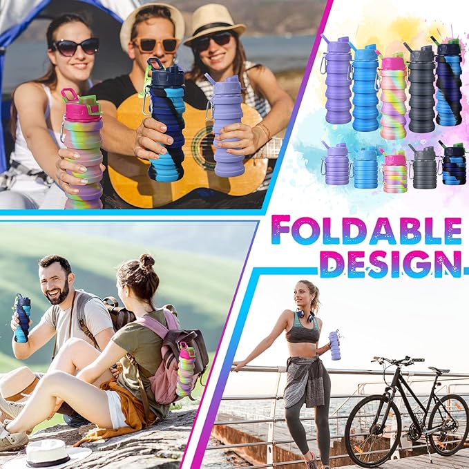 CHENGU 5 Pcs Collapsible Water Bottles 16 oz Portable Foldable Water Bottles Silicone Leak Proof Travel Water Bottle Reusable Sports Water Bottle with Metal Clip for Camping Hiking Travel (Colorful)