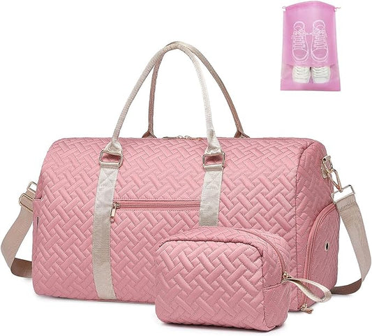 Duffle Bag for Travel, Weekender Bag with Shoe Compartment, Carry On Overnight Bag for Women with Toiletry Bag, Gym Bag with Wet Pocket, Hospital Bags for Labor and Delivery Beige