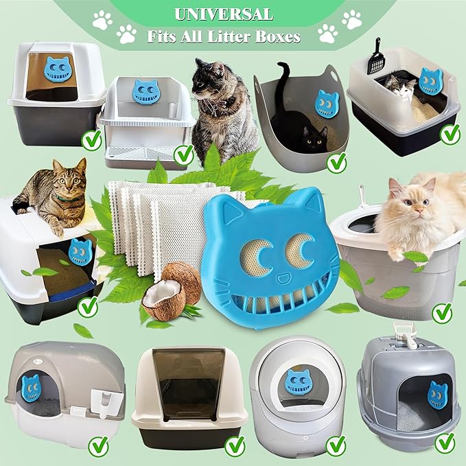 Unscented Cat Litter Box Deodorizer Kit Stick-On Activated Carbon Odor Eliminators Compatible with most manual and automatic litter boxes (4 Refills+ 1 Box) (Blue, Unscented)